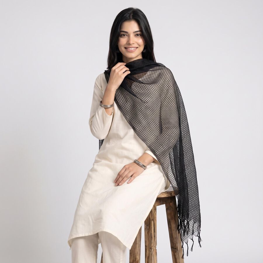 Women's Black Printed Dupatta, काला, large