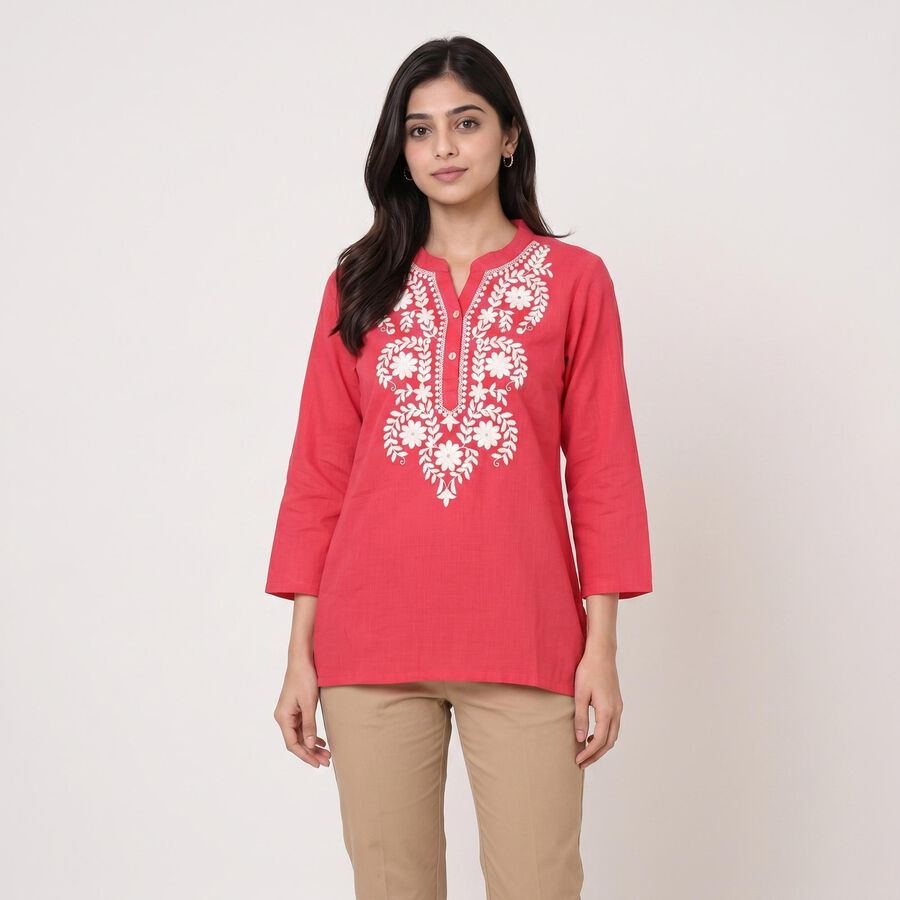 Women's Coral Cotton Notch Neck Embroidered Kurti, मूँगा (कोरल), large