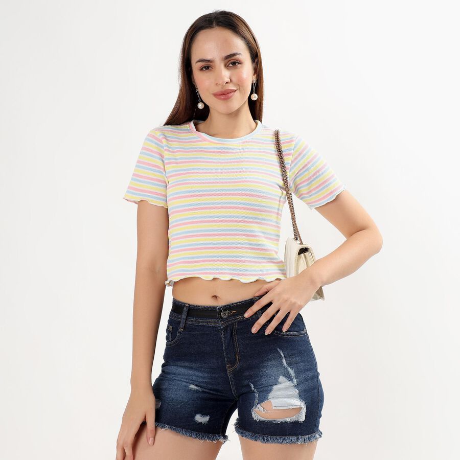Women's Pastel Yellow Round Neck Casual Crop T-Shirt, Yellow, large image number null