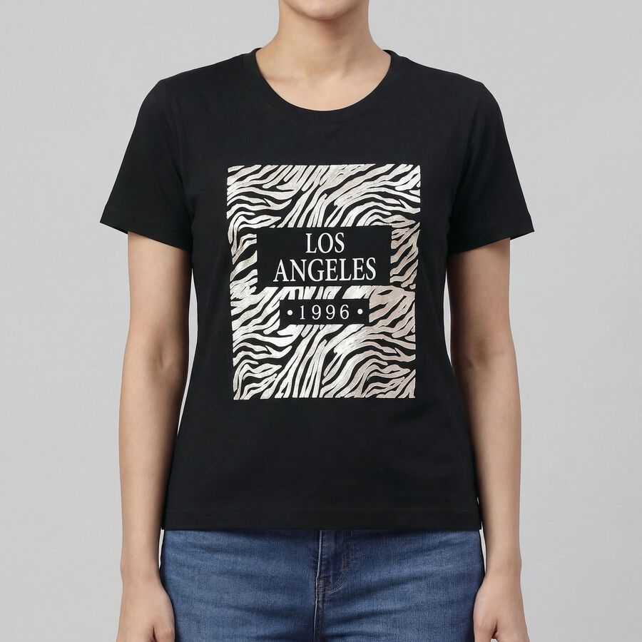 Women's Black Round Neck Minimalist T-Shirt, काला, large