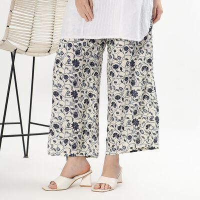 Women's Off-White Floral Printed Wide-Leg Palazzos