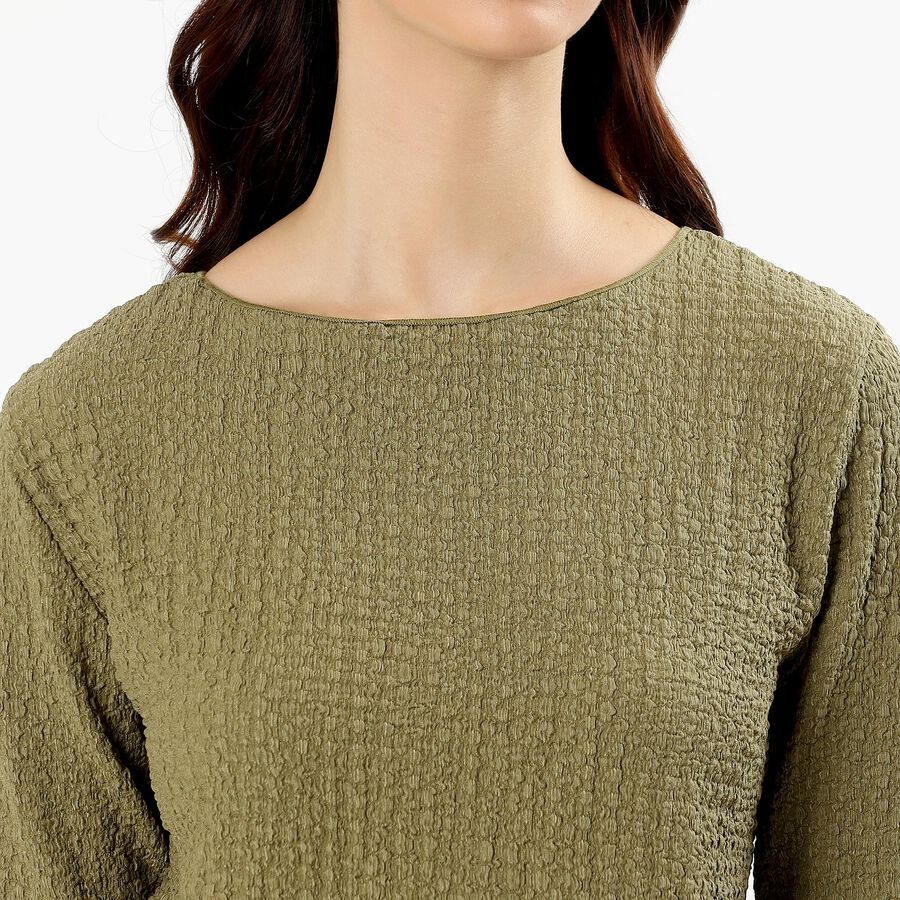 Women's Muted Olive Green Round Neck Casual Top, Olive, large image number null