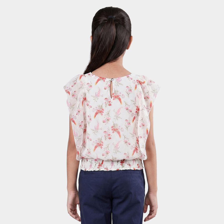 Girls White Round Neck Floral Printed T-Shirt, White, large
