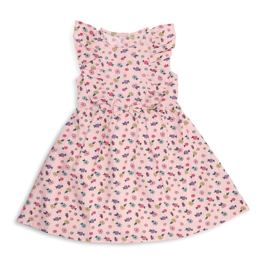 Girls' Light Pink Floral Print Sleeveless Frock, Light Pink, large image number null