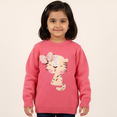 Girls Bright Pink Crew Neck Casual Pullover