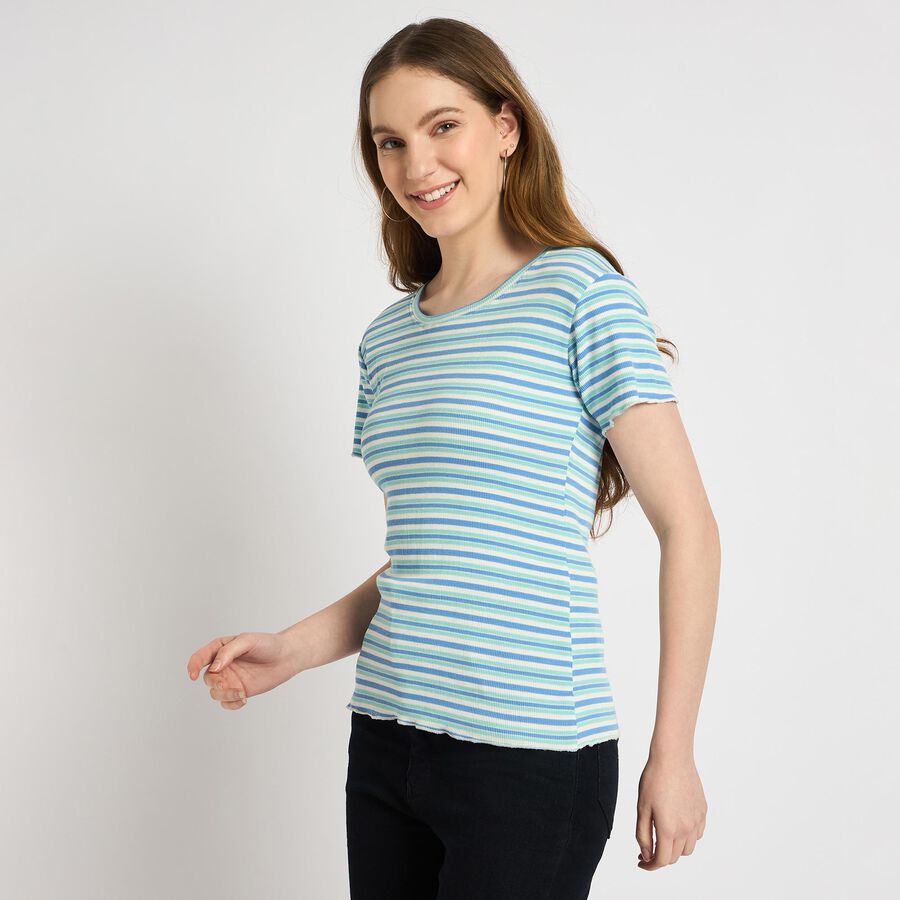 Ladies'  Stripes Round Neck T-Shirt, नीला, large