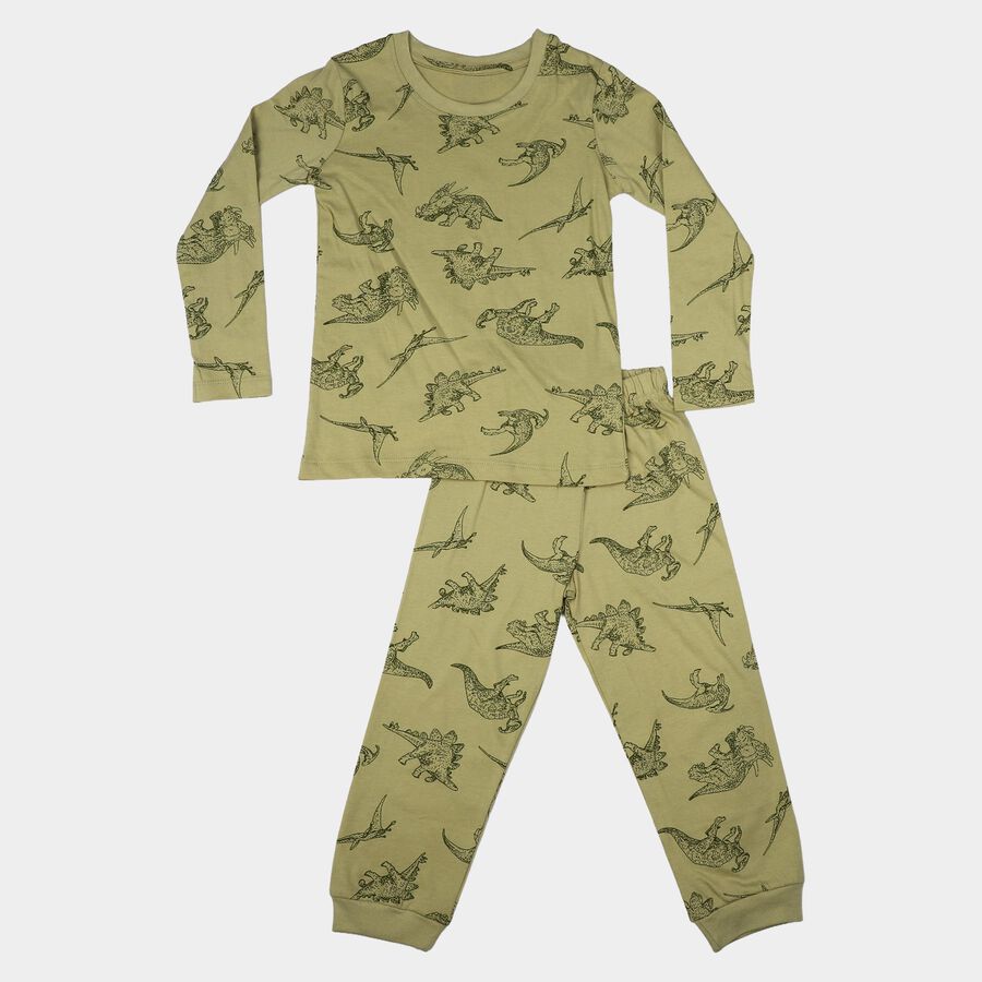 Boys Olive Green Cotton Round Neck Dinosaur Printed Baba Suit, Olive, large