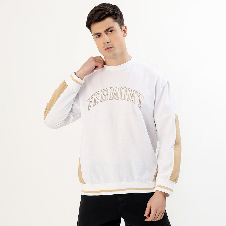 Men's Rich Eggshell White Crew Neck Casual Sweatshirt, सफ़ेद, large image number null