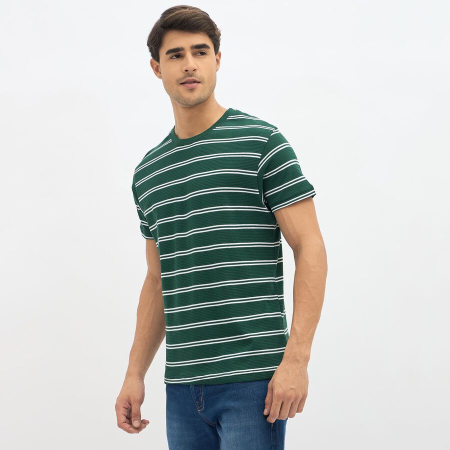 Men's Deep Forest Green Round Neck Striped T-Shirt, Dark Green, large image number null