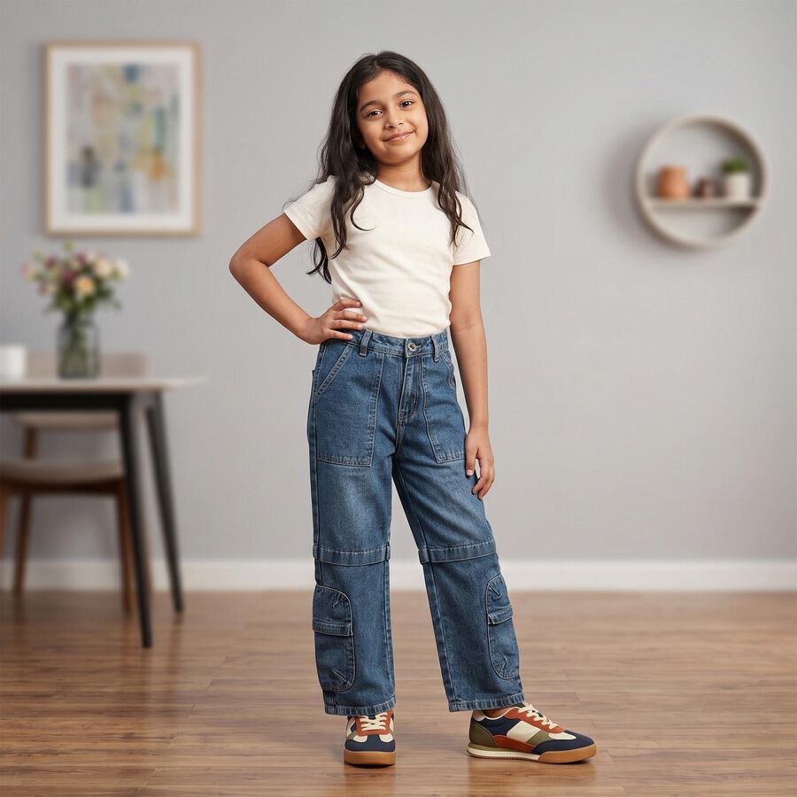 Girls Blue Cargo Fit Utility Pocket Jeans, Mid Blue, large