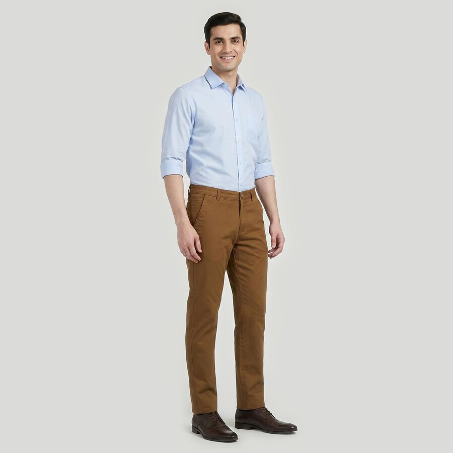 Men's Khaki Slim Fit Flat-Front Trousers, खाकी, large