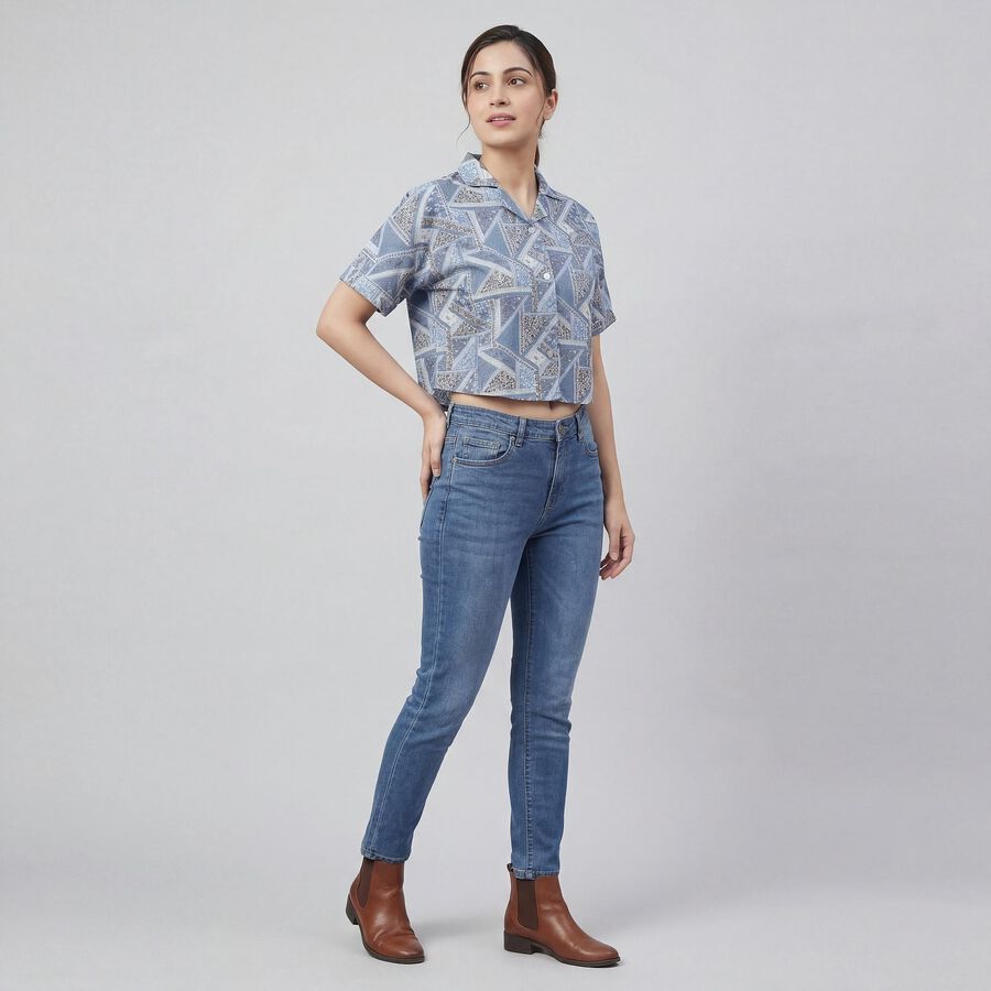 Women's Navy Blue Half Sleeve Classic Collar Casual Shirt, Mid Blue, large