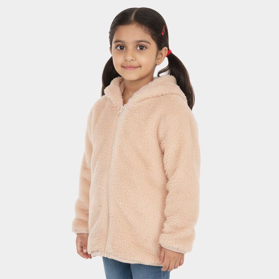Girls' Soft Beige Hooded Casual Jacket, Beige, large image number null
