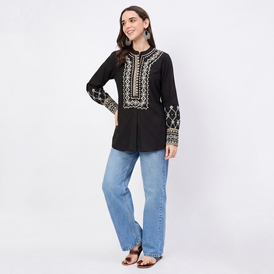 Women's Black Cotton Mandarin Collar Embroidered Kurti, Black, large