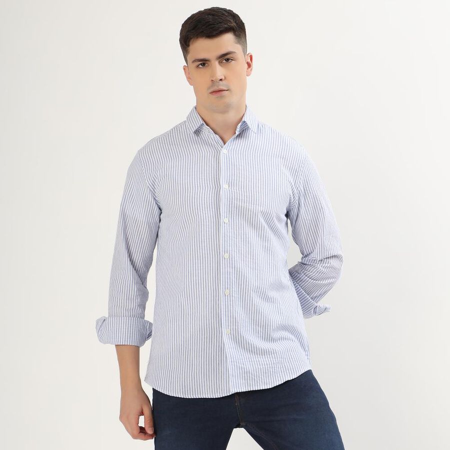 Men's Light Blue and White Cotton Spread Collar Formal Shirt, Dark Blue, large image number null