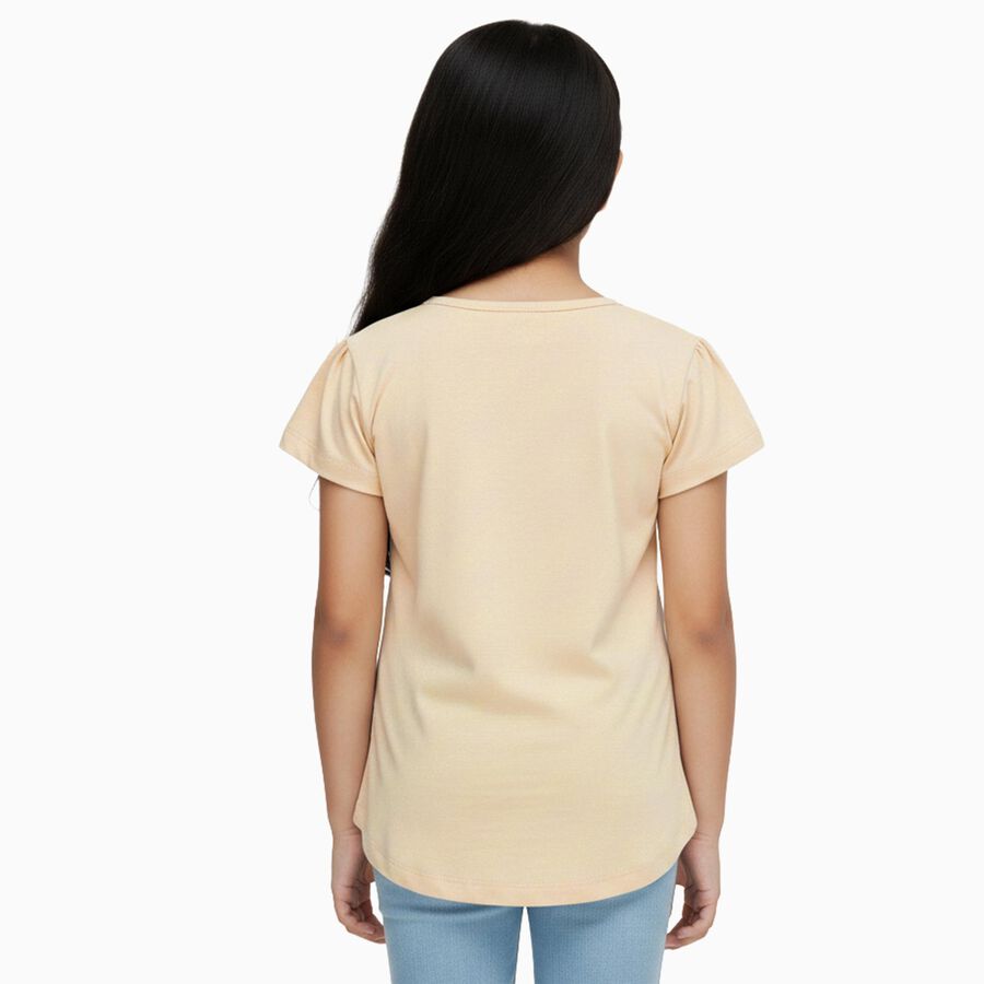Girls Light Beige Cotton Round Neck Cartoon Printed T-Shirt, Beige, large