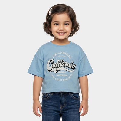 Girls Light Blue Crew Neck Crop T-Shirt