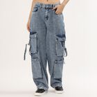 Women's Stonewashed Blue Relaxed Fit Cargo Jeans, हल्का नीला, small image number null