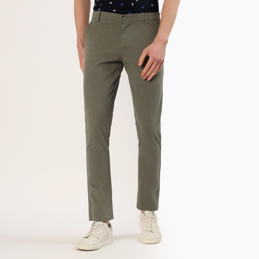 Men's Muted Olive Green Slim Fit Flat-Front Casual Trousers, Light Green, large