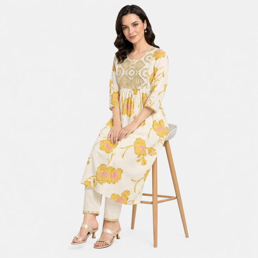 Women's Yellow Cotton Embellished Kurta Set Ethnic Set, Yellow, large