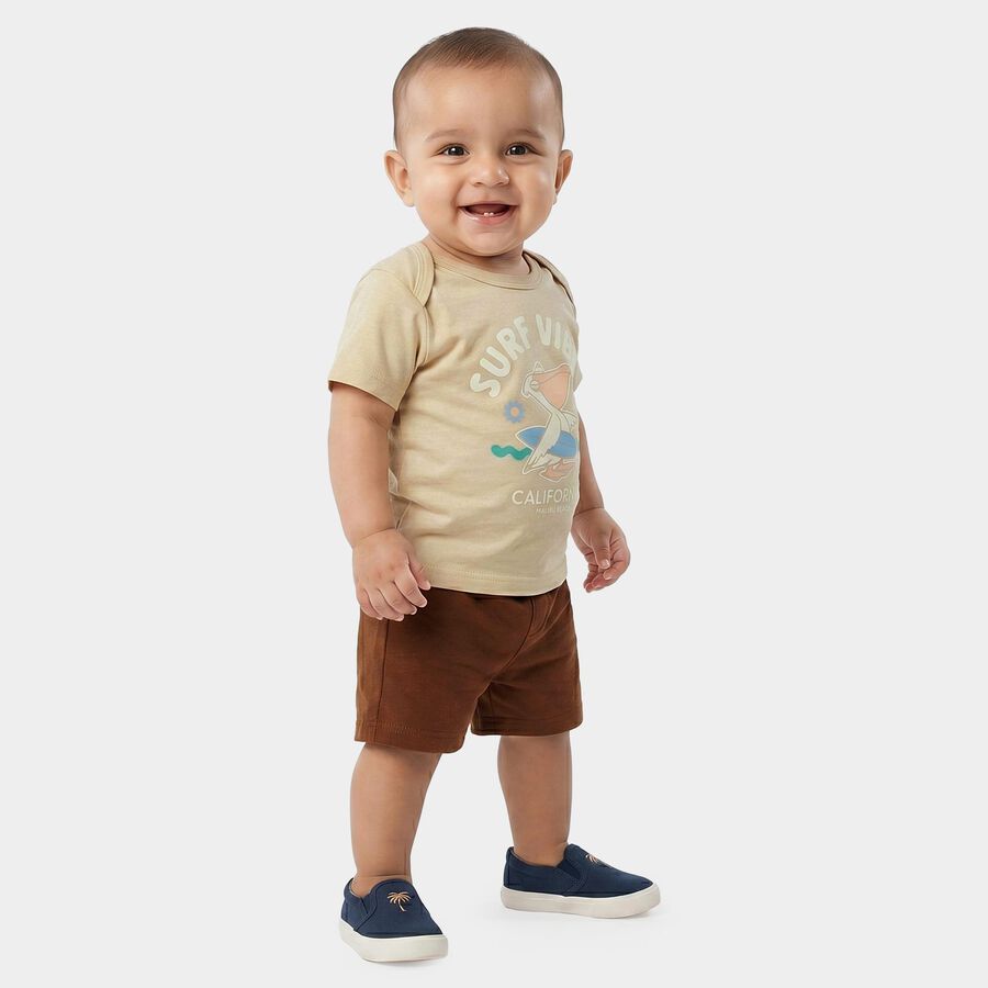 Infants' Beige 100% Cotton Crew Neck Graphic Print Baba Suit, Beige, large