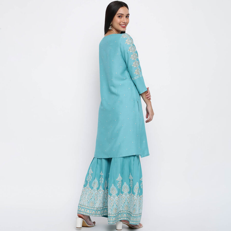 Embroidered Flared 3/4th Sleeves Kurta, Mid Blue, large image number null