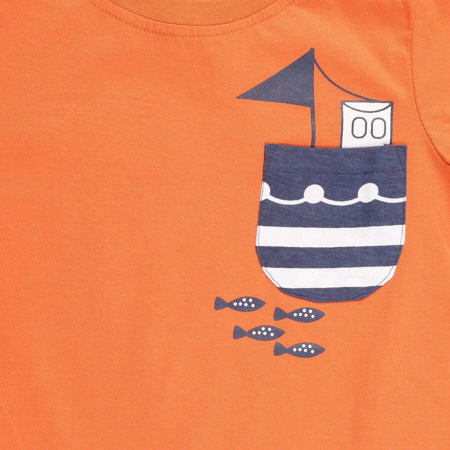 Boys Vibrant Orange Cotton Round Neck Casual Half Sleeve T-Shirt, Rust, large image number null