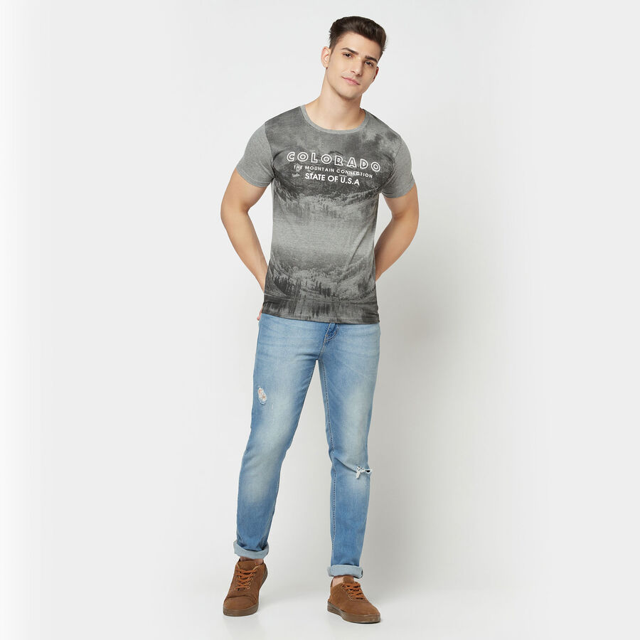 Printed Round Neck T-Shirt, Melange Mid Grey, large image number null