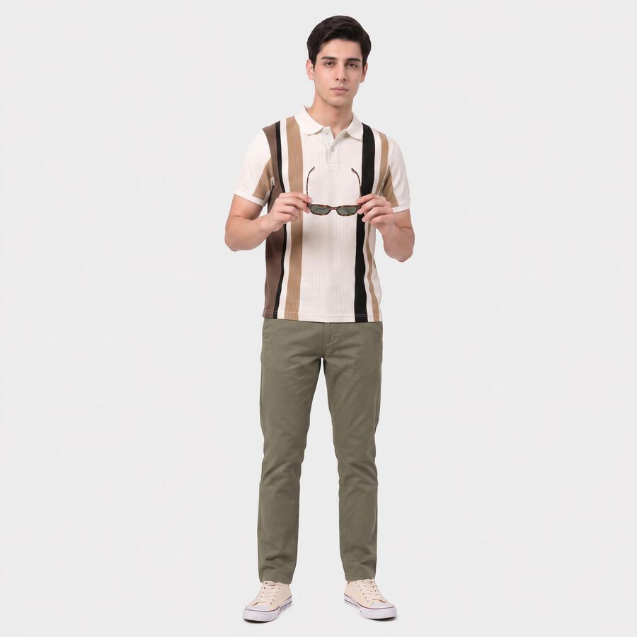 Men's Beige Polo Neck Striped T-Shirt, गहरा पीला, large