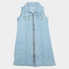 Girls' Light Blue Shift Zip Front Denim Look Frock, हल्का नीला, small