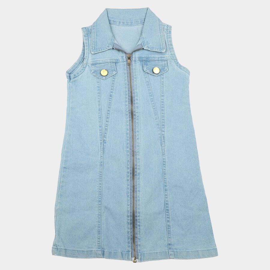 Girls' Light Blue Shift Zip Front Denim Look Frock, हल्का नीला, large