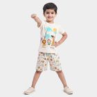 Boys' Off White 100% Cotton Round Neck Graphic Print Baba Suit, Off White, small