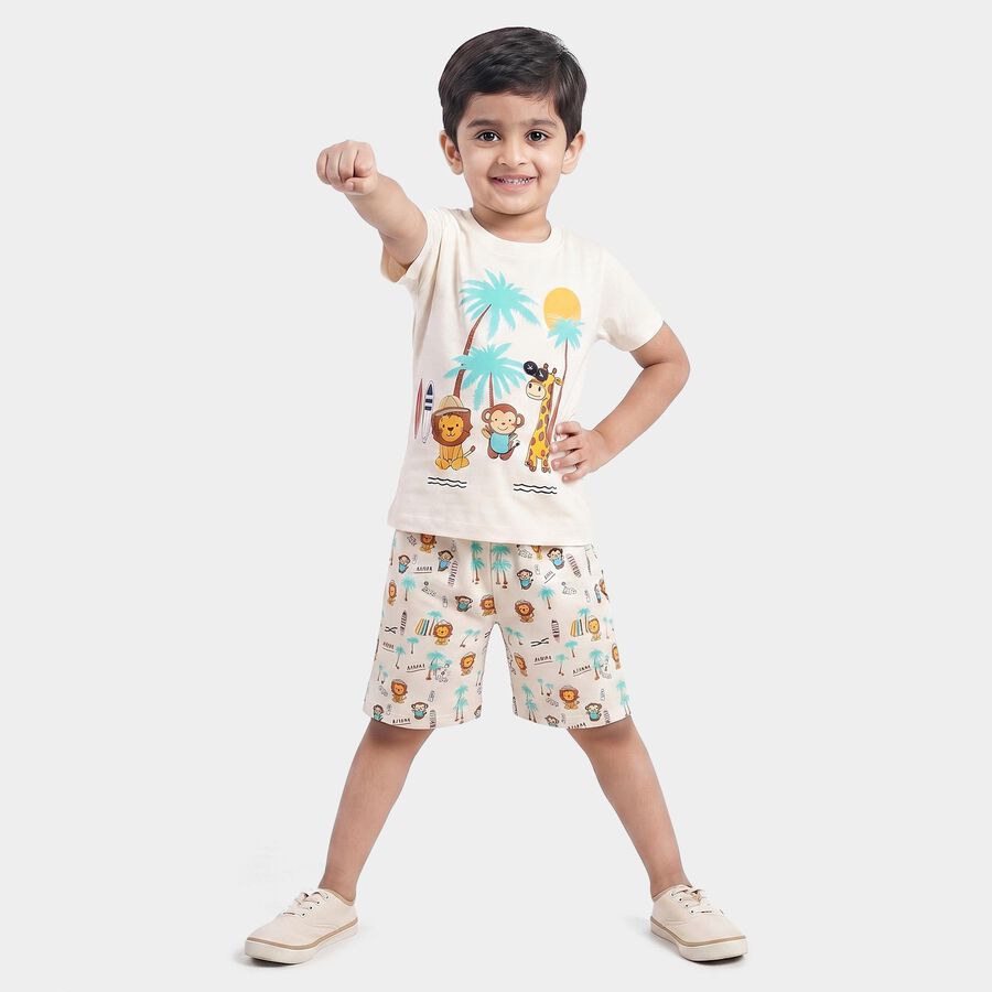 Boys' Off White 100% Cotton Round Neck Graphic Print Baba Suit, Off White, large