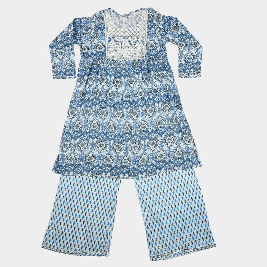 Girls Blue Round Neck Fusion Set Fusion Set, मध्यम नीला, large