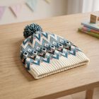 Boys' Cream Geometric Knit Pom-Pom Beanie Cap, Off White, small