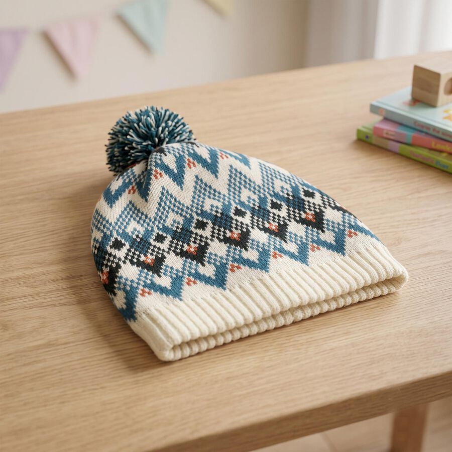 Boys' Cream Geometric Knit Pom-Pom Beanie Cap, Off White, large