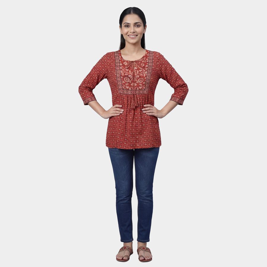 Women's Maroon Round Neck Floral Printed Kurti, मरून, large