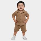 Infants' Brown 100% Cotton Collar Neck Textured Baba Suit, Brown, small