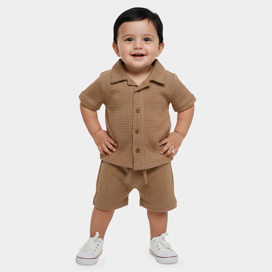 Infants' Brown 100% Cotton Collar Neck Textured Baba Suit, Brown, large