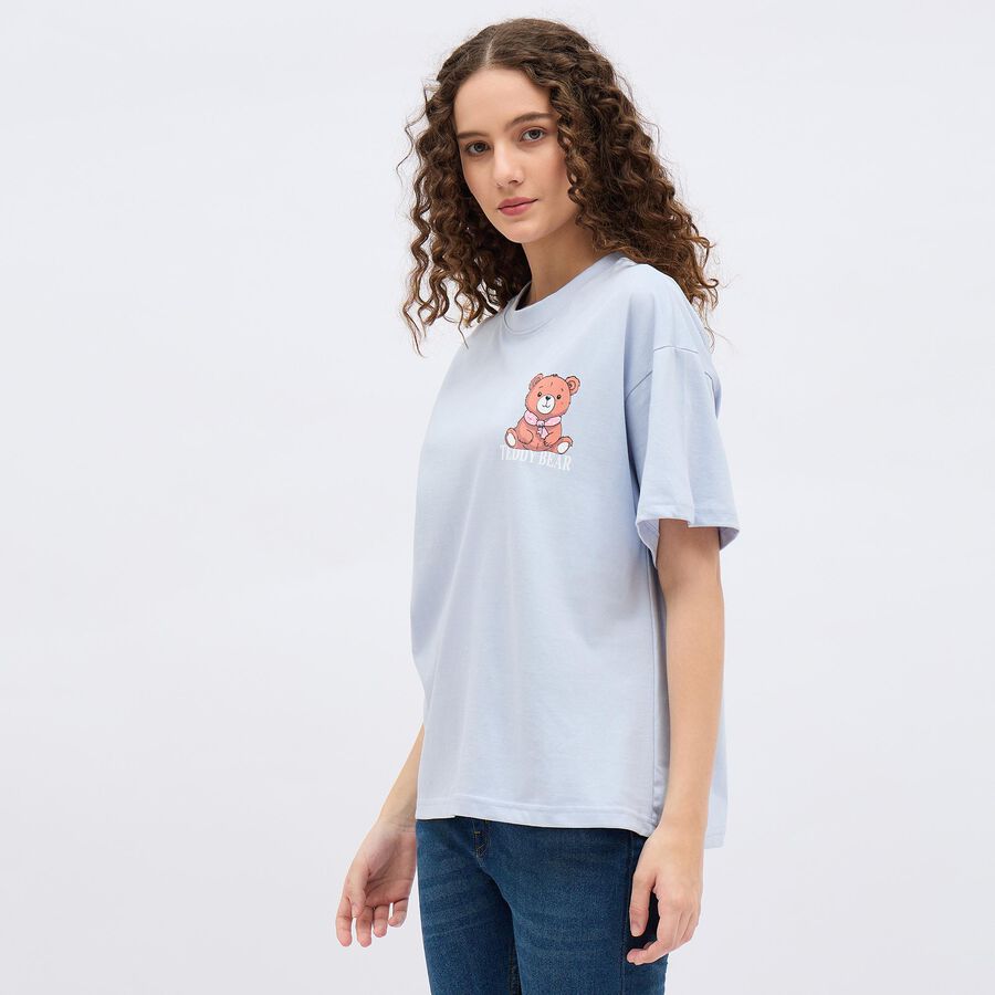 Women's Light Powder Blue Cotton Round Neck Casual T-Shirt, हल्का नीला, large image number null