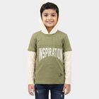 Boys Olive Green Cotton Blend Hooded Neck Regular Boys T-Shirt, Olive, small