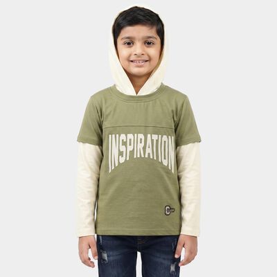 Boys Olive Green Cotton Blend Hooded Neck Regular Boys T-Shirt