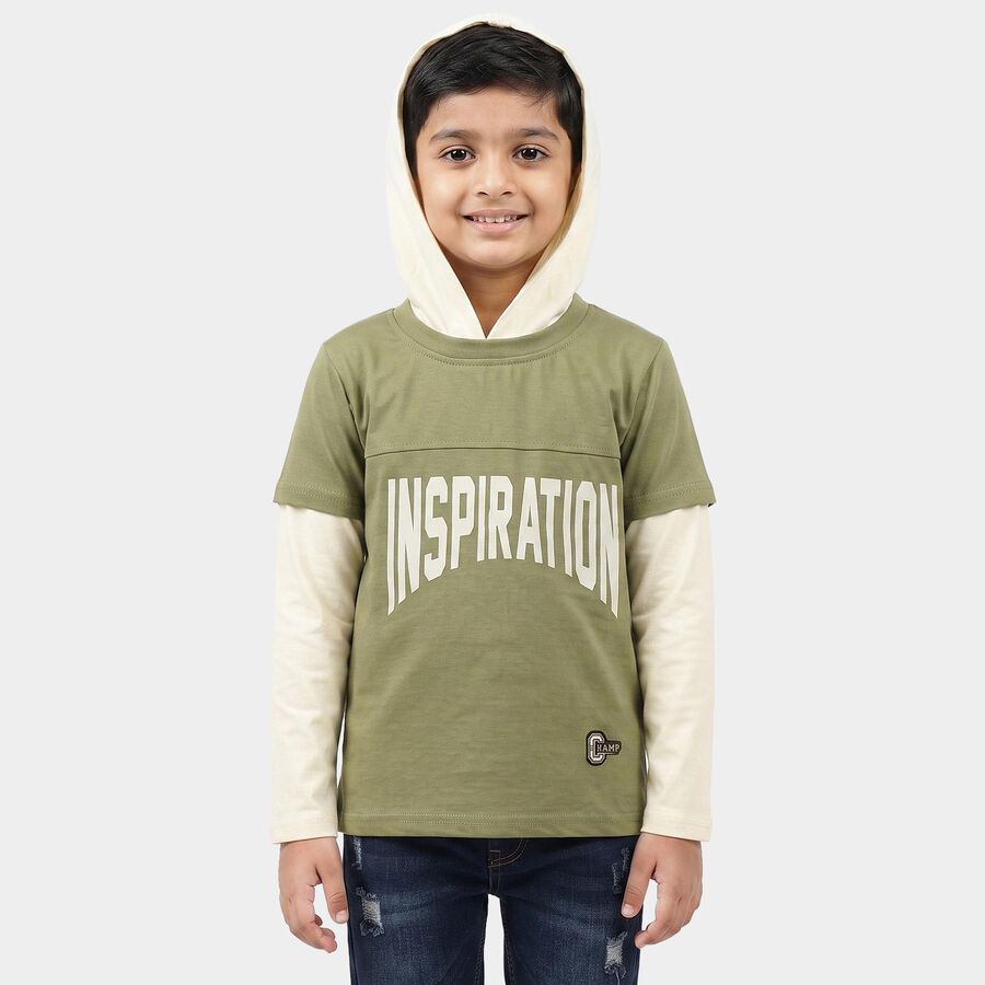 Boys Olive Green Cotton Blend Hooded Neck Regular Boys T-Shirt, Olive, large