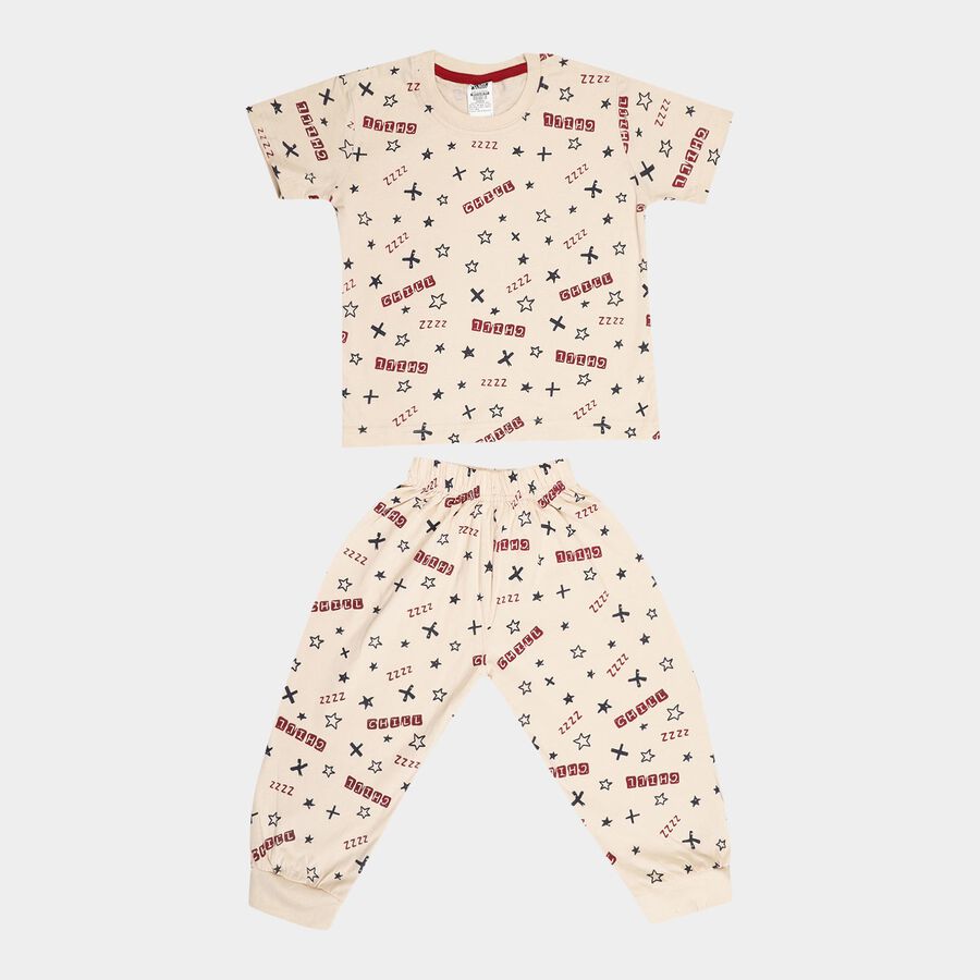 Boys Cotton Night Suit, Beige, large image number null