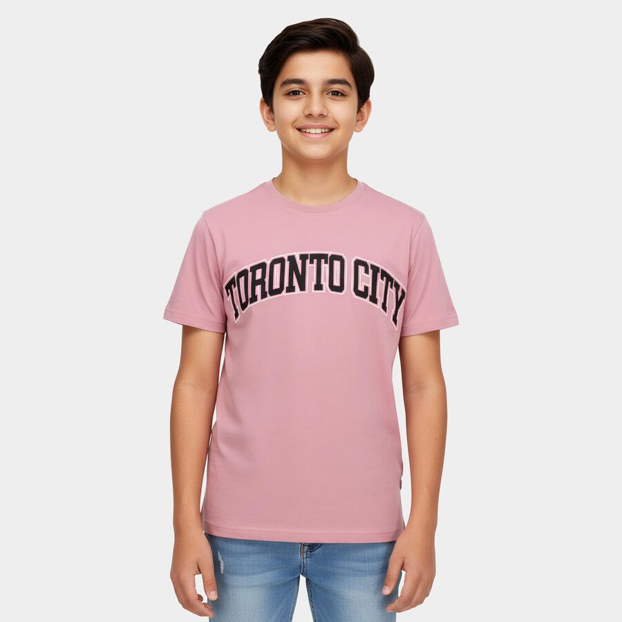 Boys Pink Round Neck Casual Half Sleeve T-Shirt, Pink, large