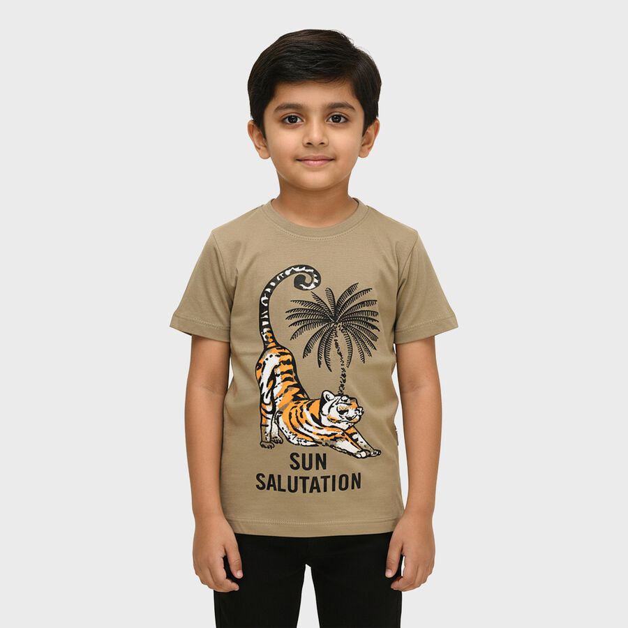 Boys Muted Olive Green Cotton Round Neck Casual T-Shirt, Olive, large