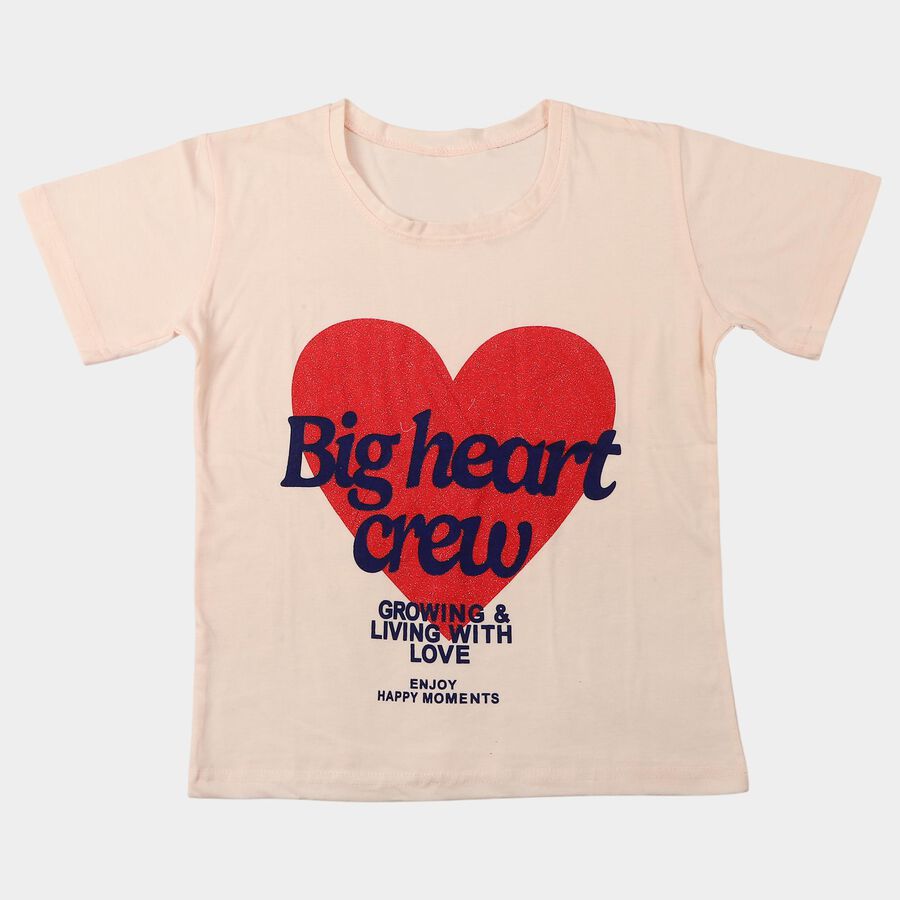 Girls Pink Round Neck Regular T-Shirt, हल्का गुलाबी, large