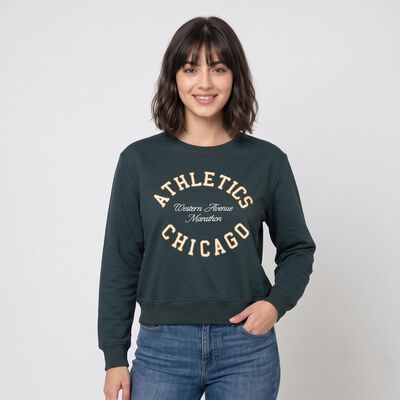 Women Green Crew Neck Pullover Sweatshirt