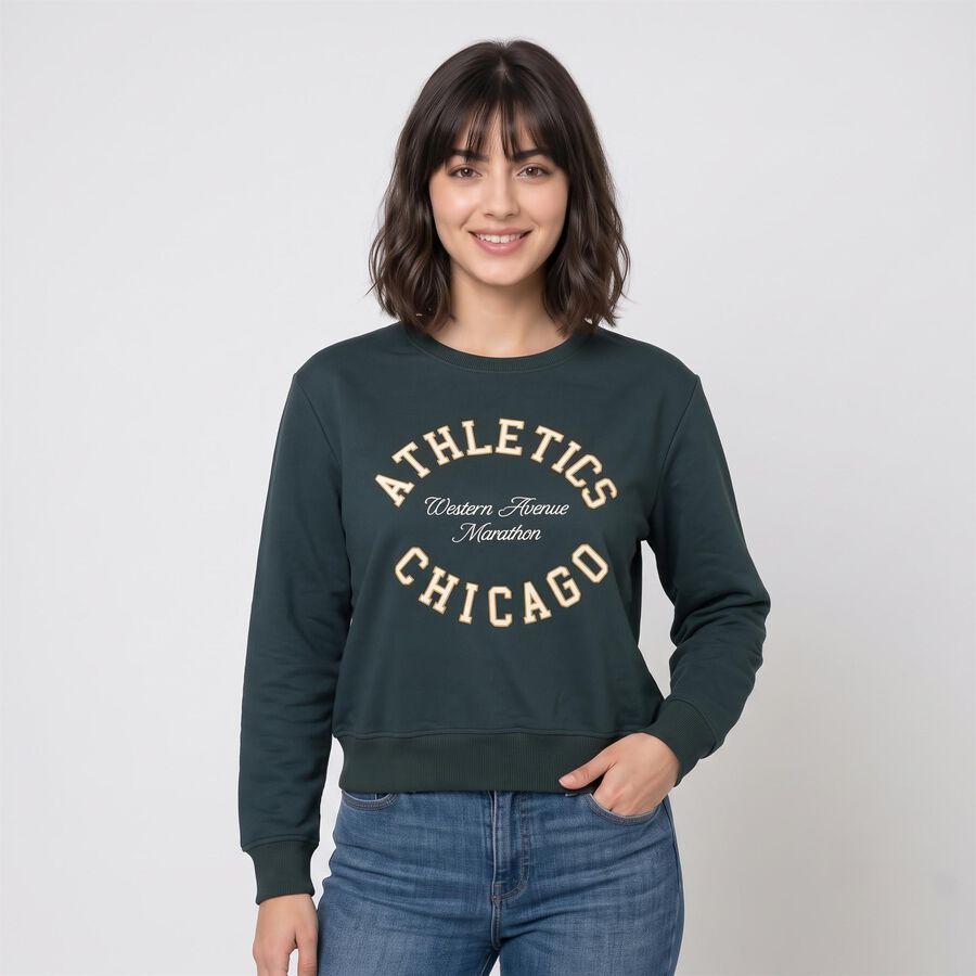Women Green Crew Neck Pullover Sweatshirt, गहरा हरा, large