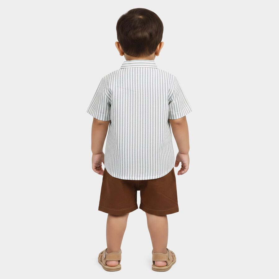 Infants' Beige 100% Cotton Mandarin Collar Striped Baba Suit, Beige, large